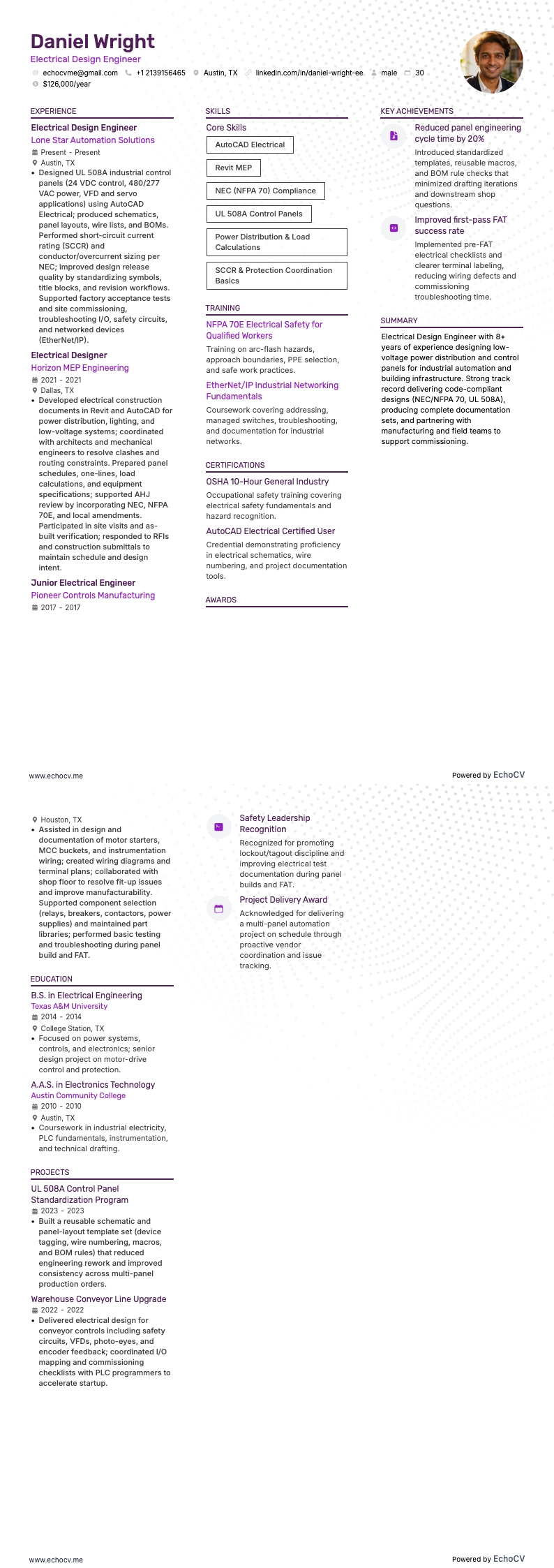 電気設計エンジニア example resume