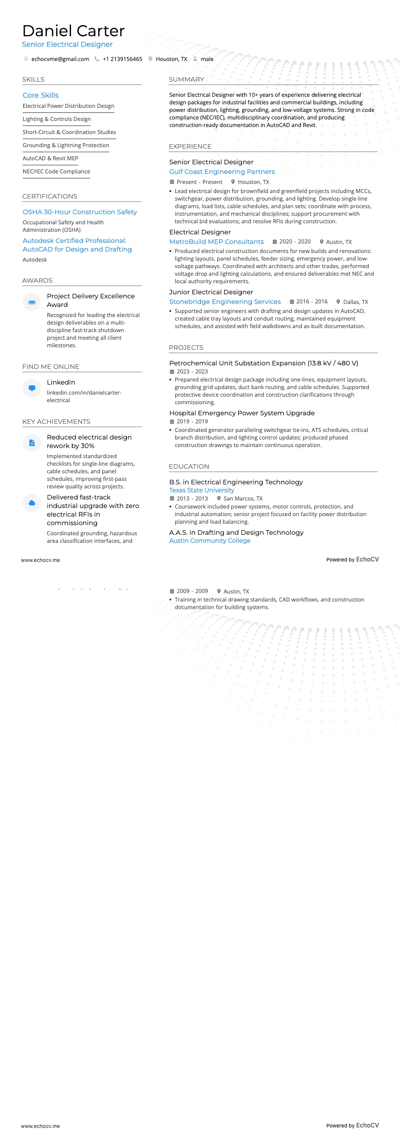 シニア電気設計者 example resume