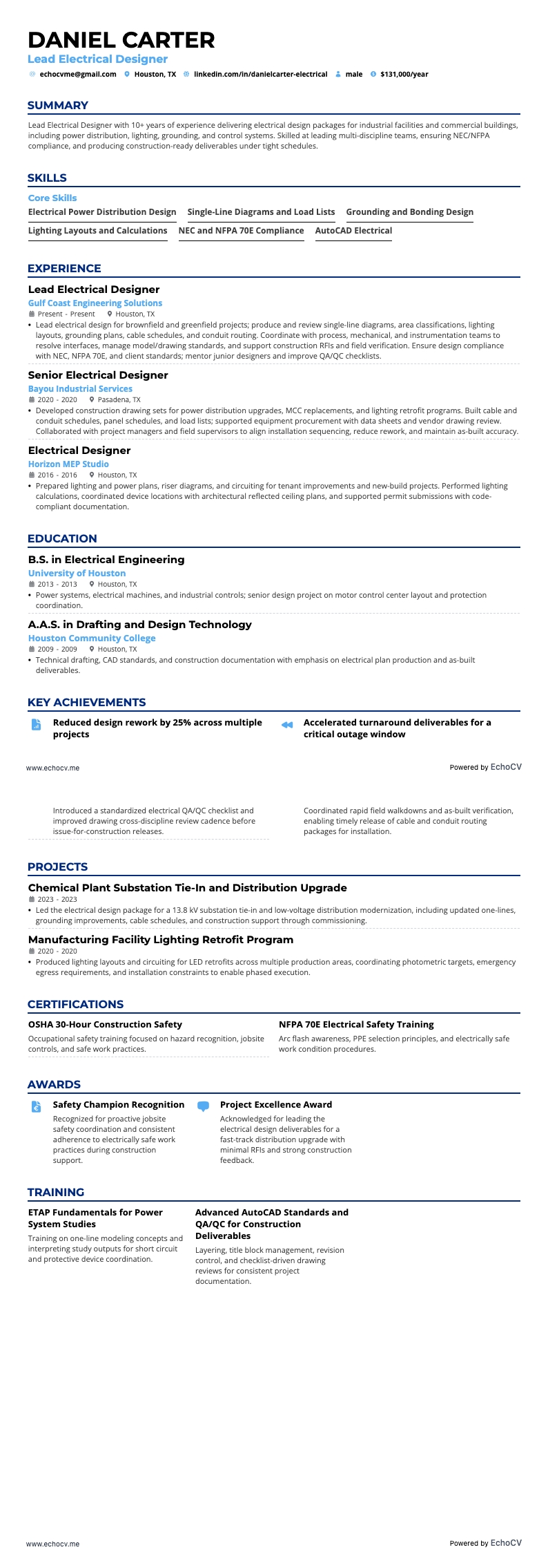 主任電気設計者 example resume