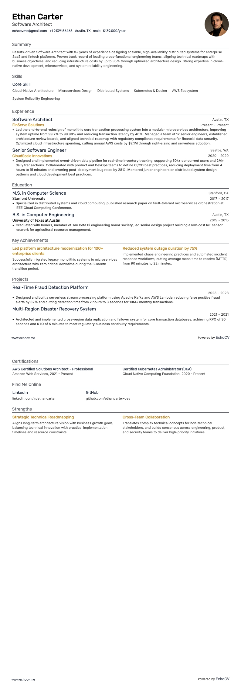 Software Architect example resume
