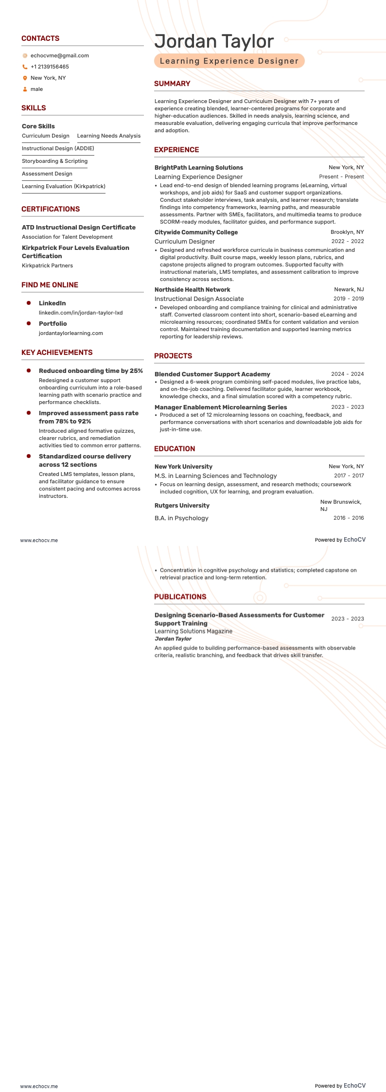 Learning Experience Designer example resume