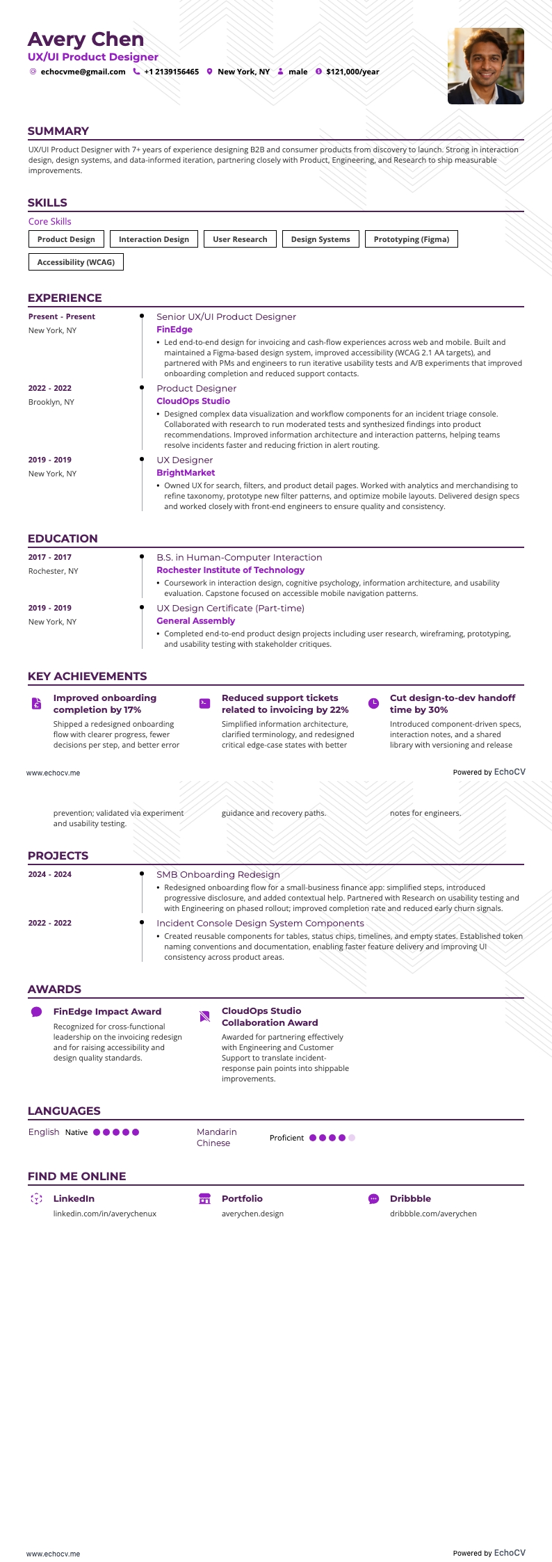 UX/UI Product Designer example resume