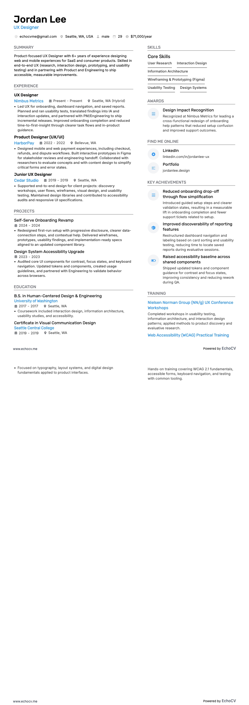UX Designer example resume