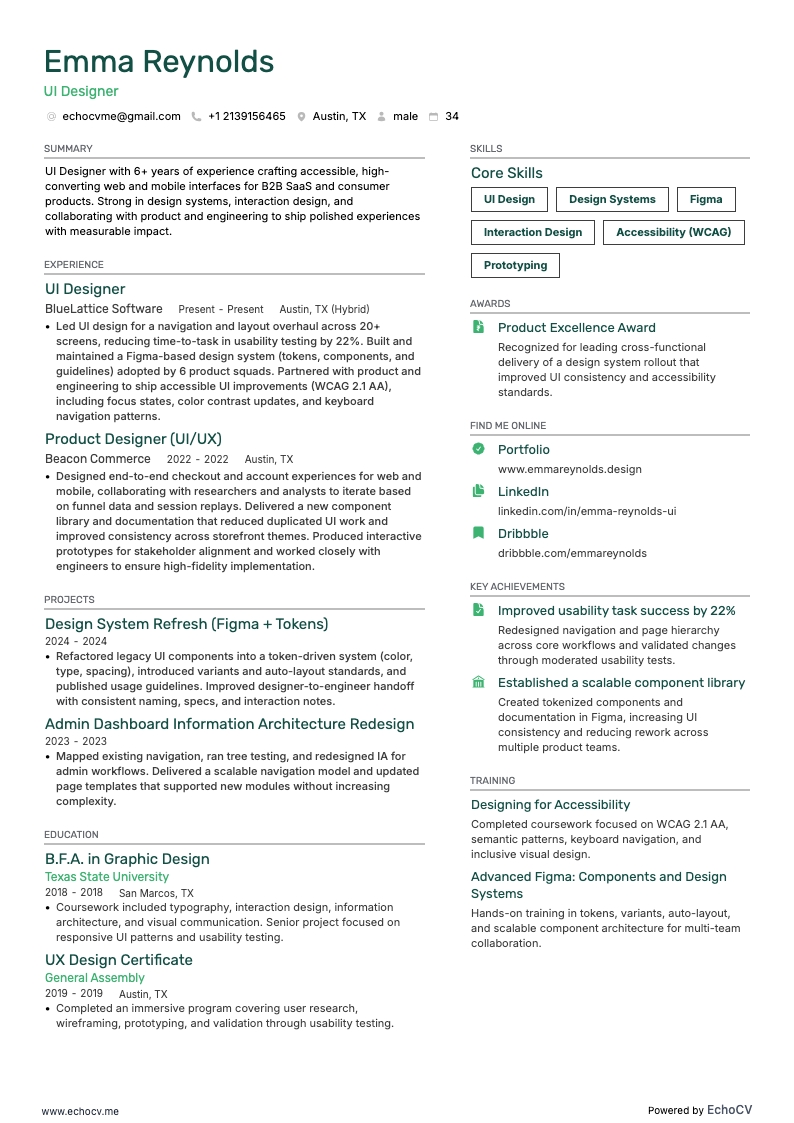 UI Designer example resume