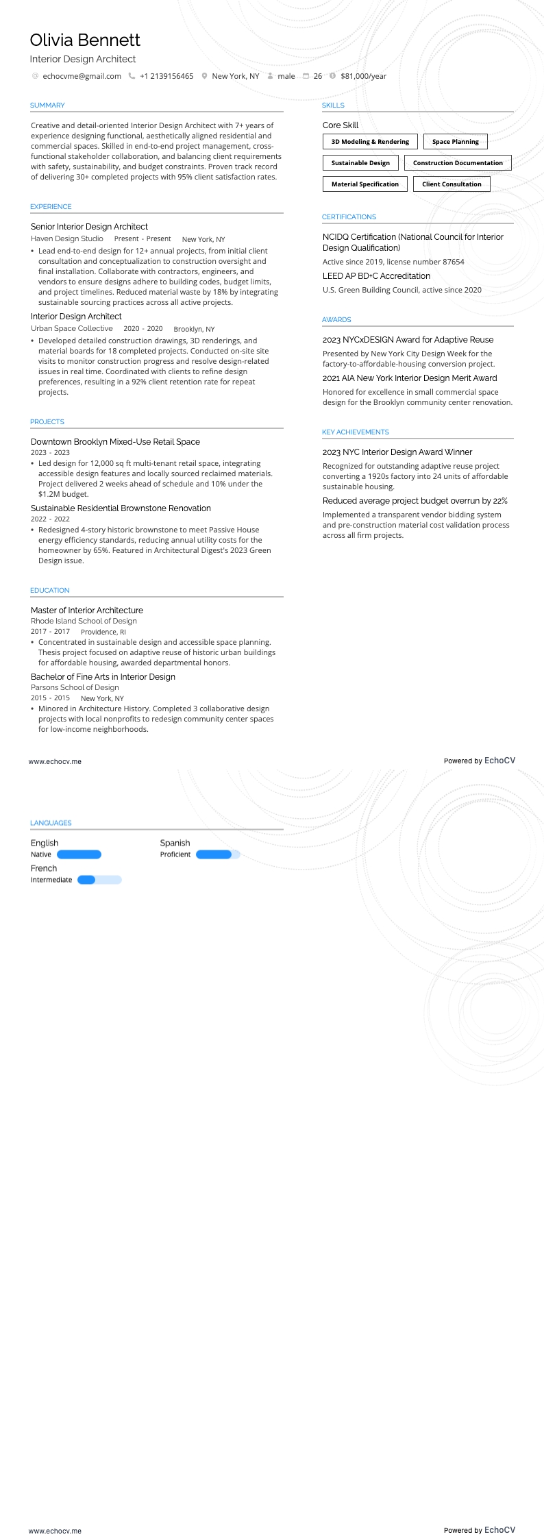 Interior Design Architect example resume