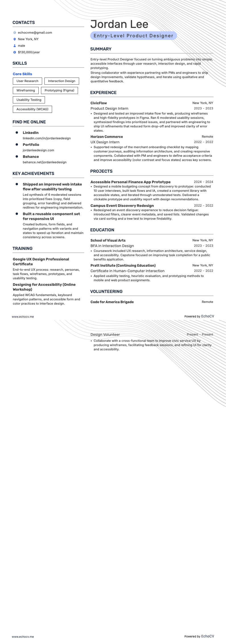 Entry-Level Product Designer example resume