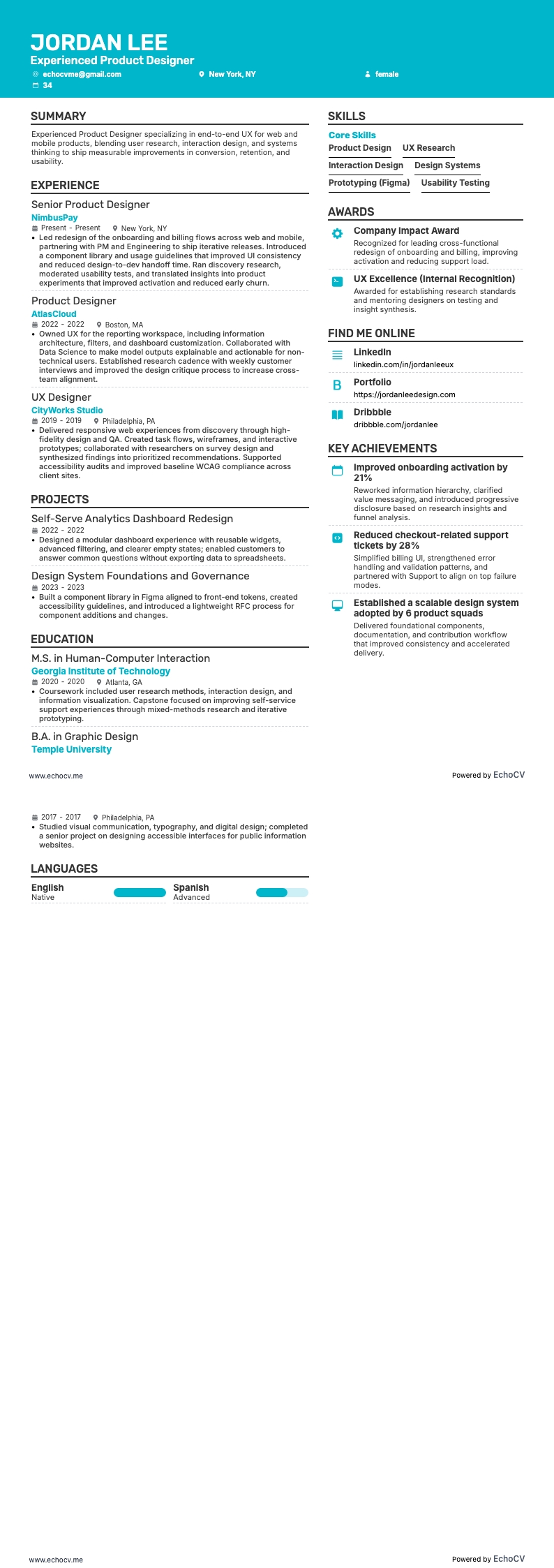 Experienced Product Designer full preview