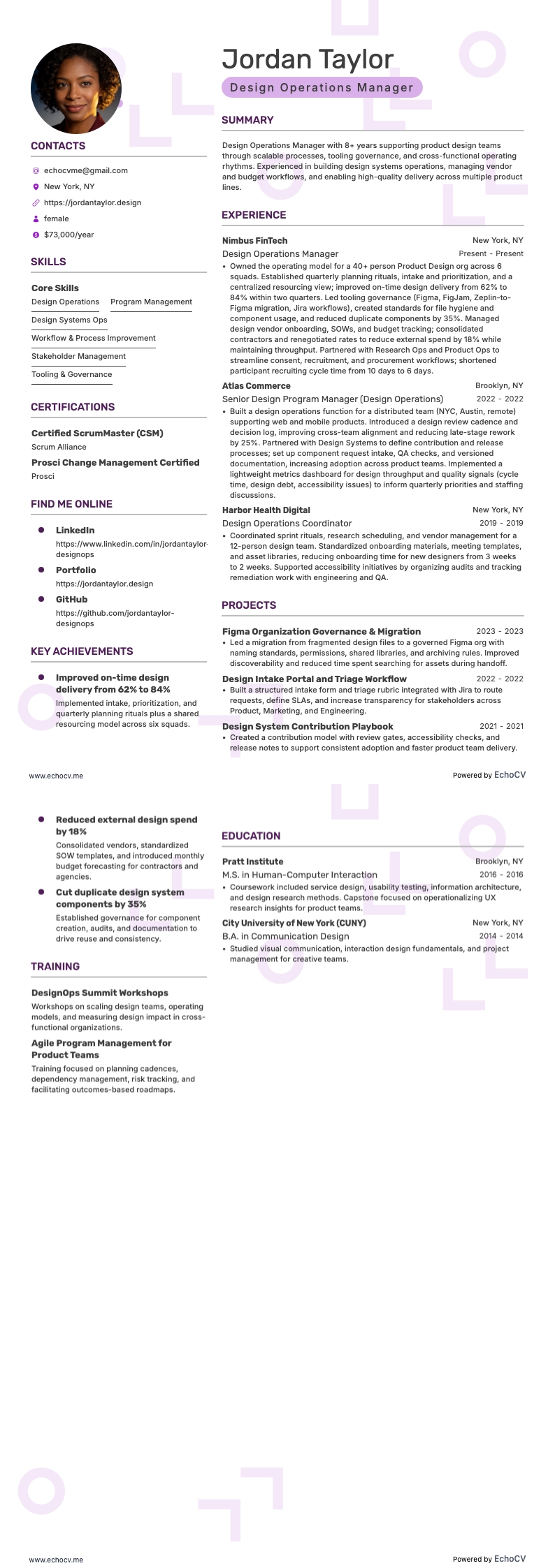 Design Operations Manager example resume