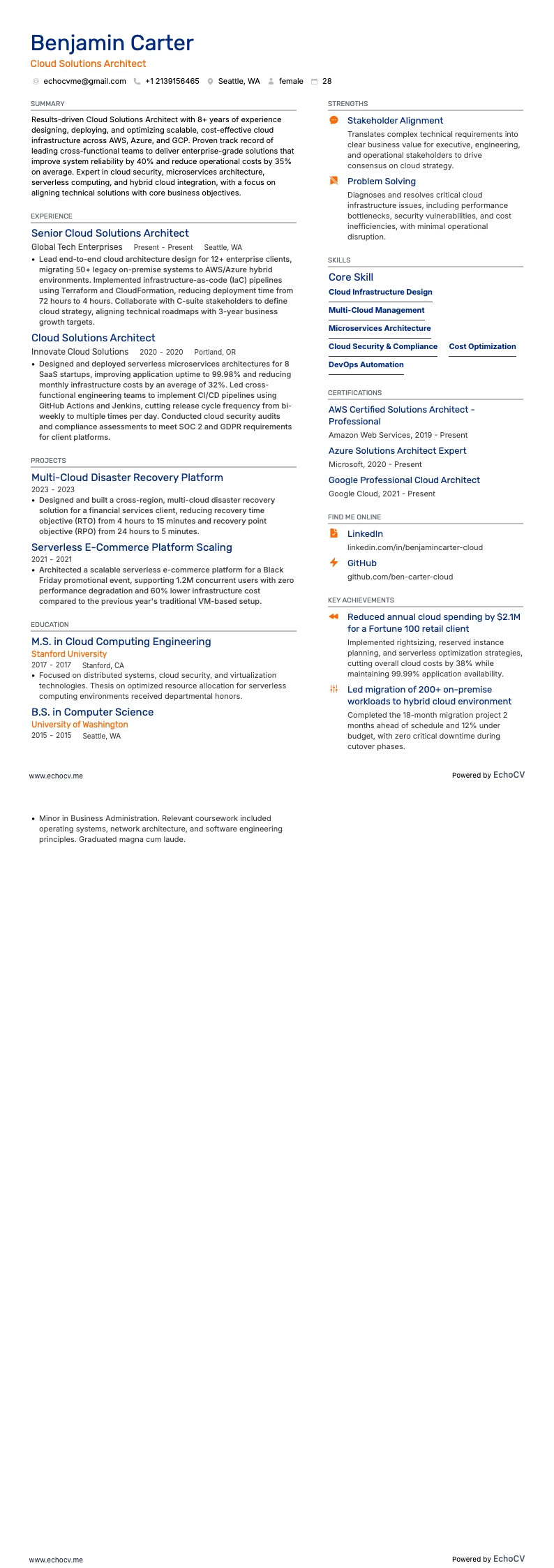 Cloud Solutions Architect example resume