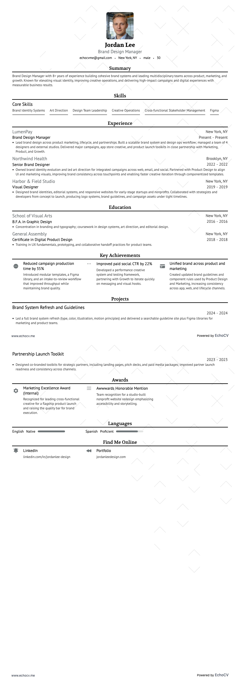 Brand Design Manager example resume