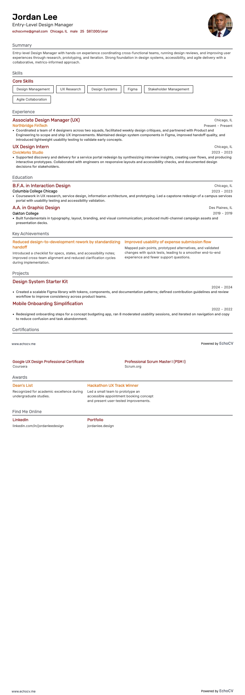 Entry-Level Design Manager example resume