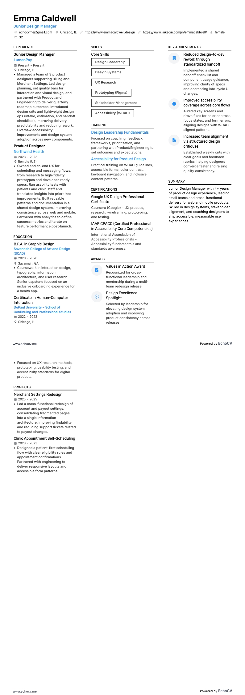 Junior Design Manager example resume