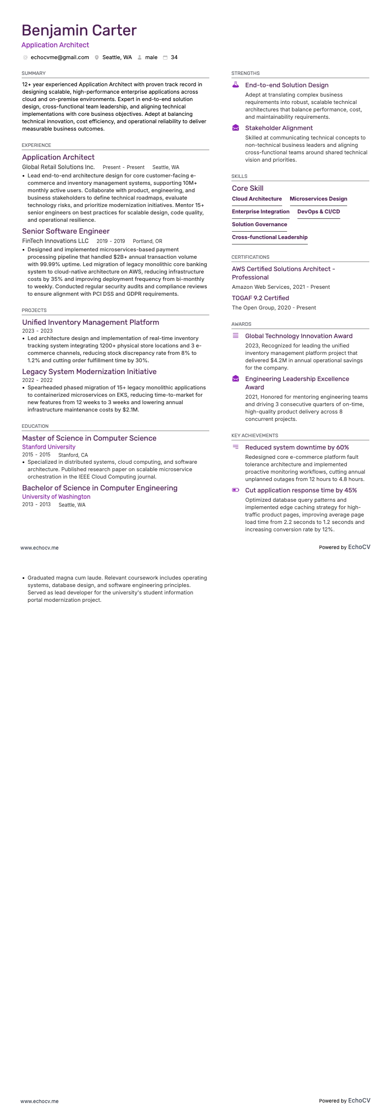 Application Architect example resume