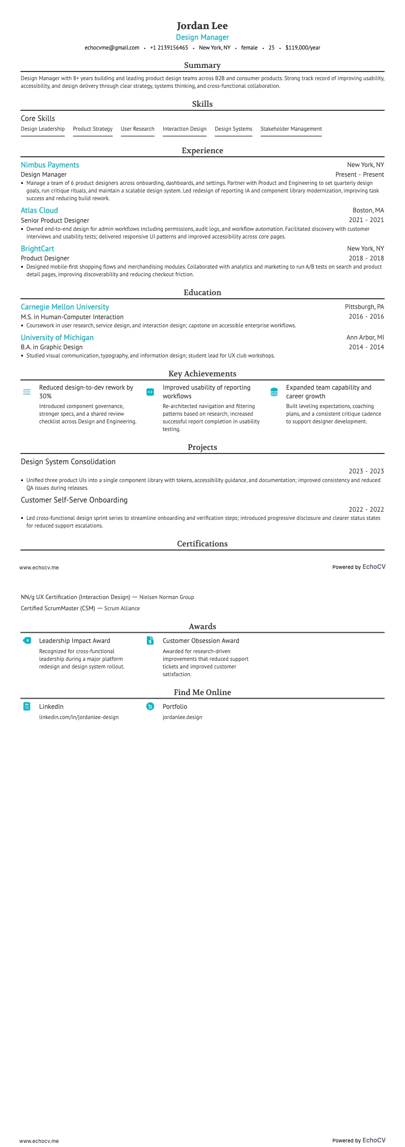 Design Manager example resume