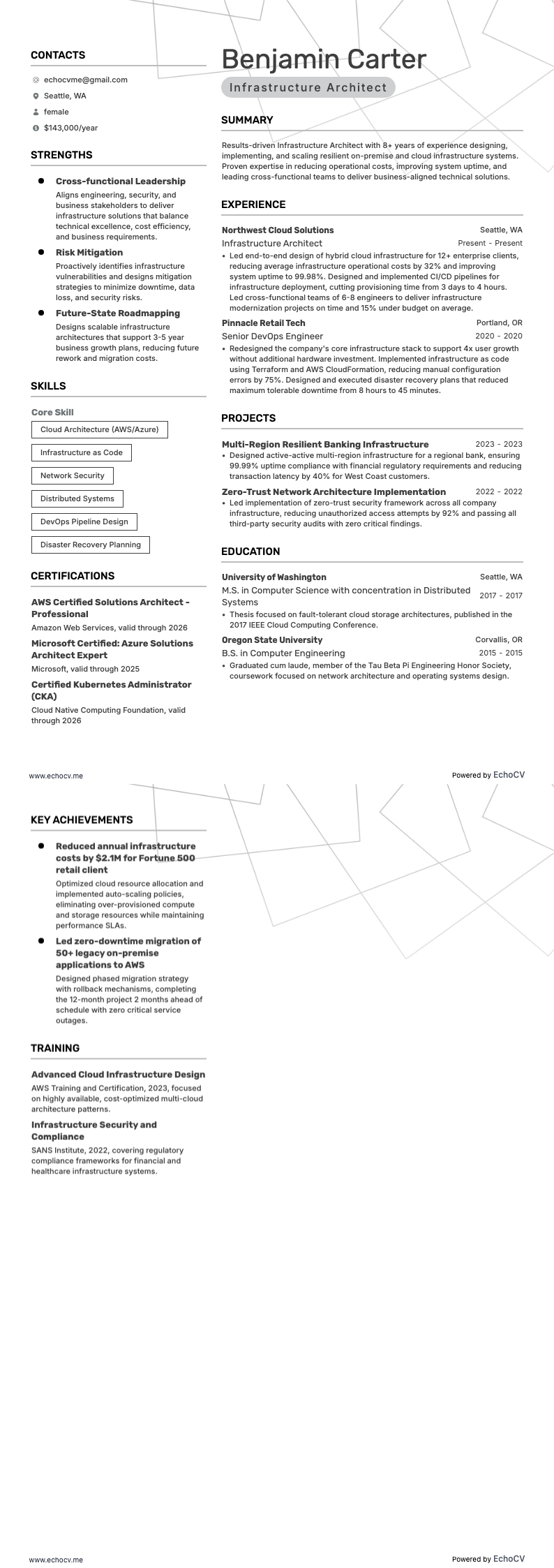 Infrastructure Architect example resume