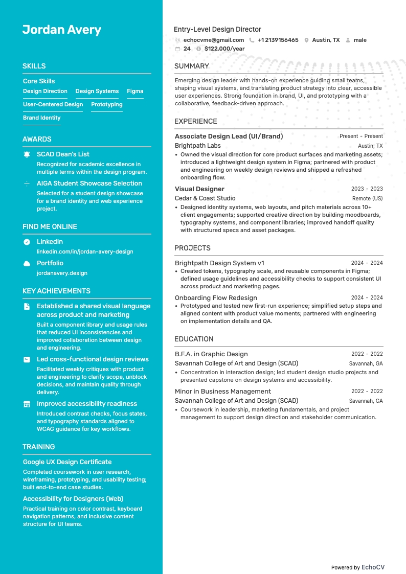 Entry-Level Design Director example resume