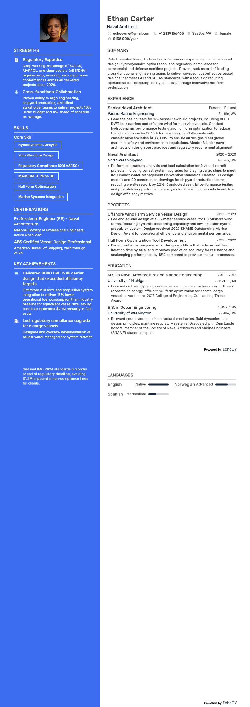 Naval Architect example resume