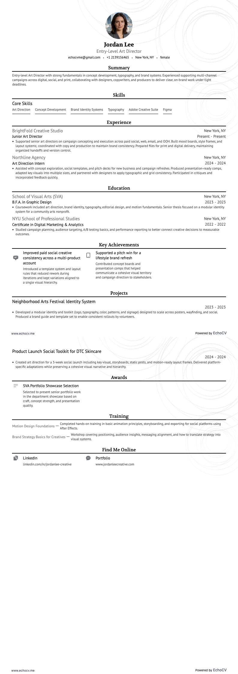 Entry-Level Art Director example resume