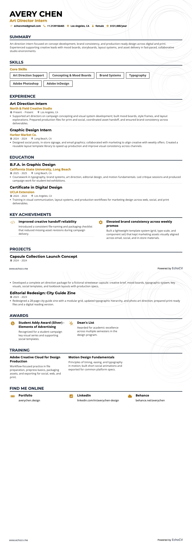 Art Director Intern example resume