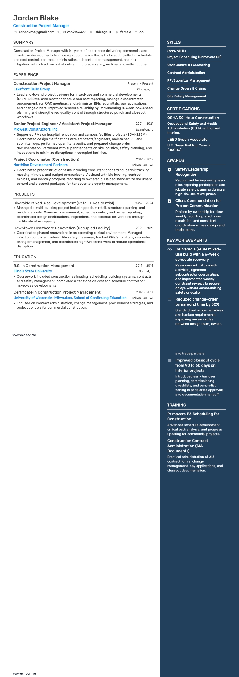 Arkitektonisk projektledare resume example