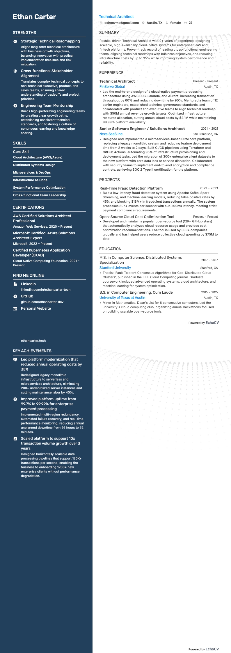 Architetto resume example