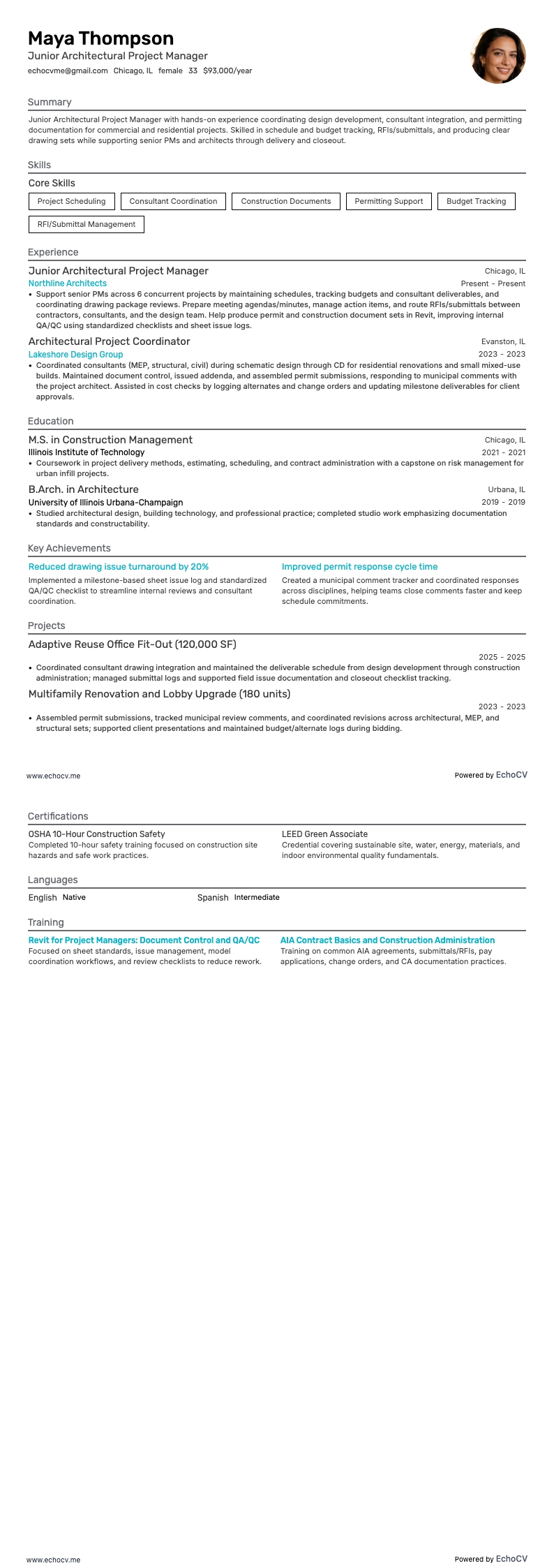 Architectuur projectmanager resume example