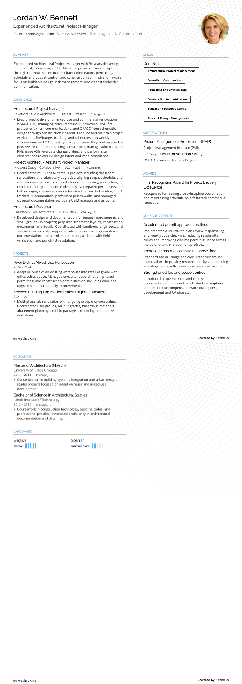 Quản lý dự án kiến trúc resume example