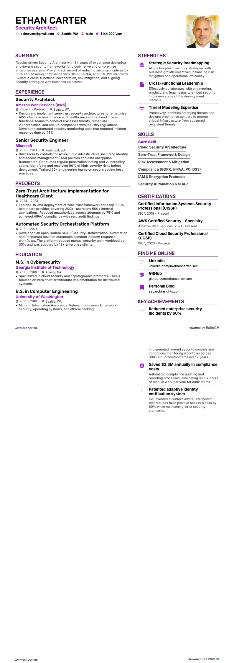 Security Architect example resume
