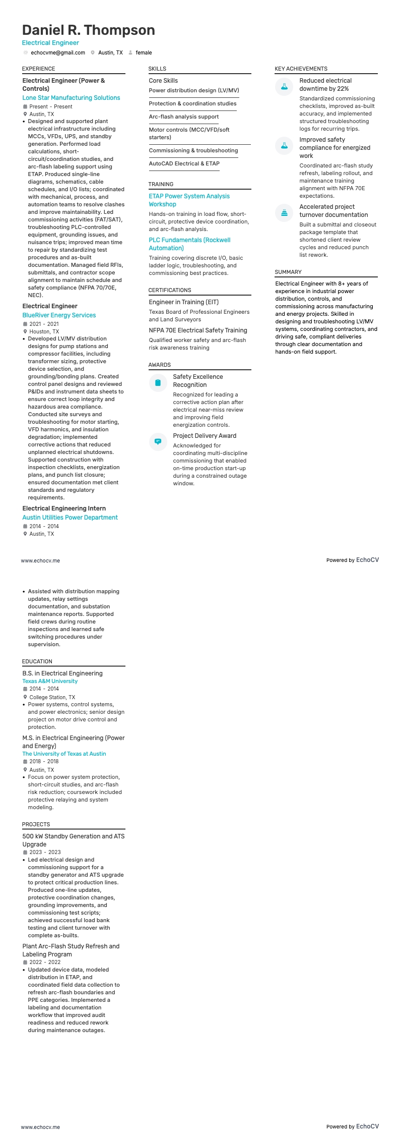 Electrical Engineer example resume