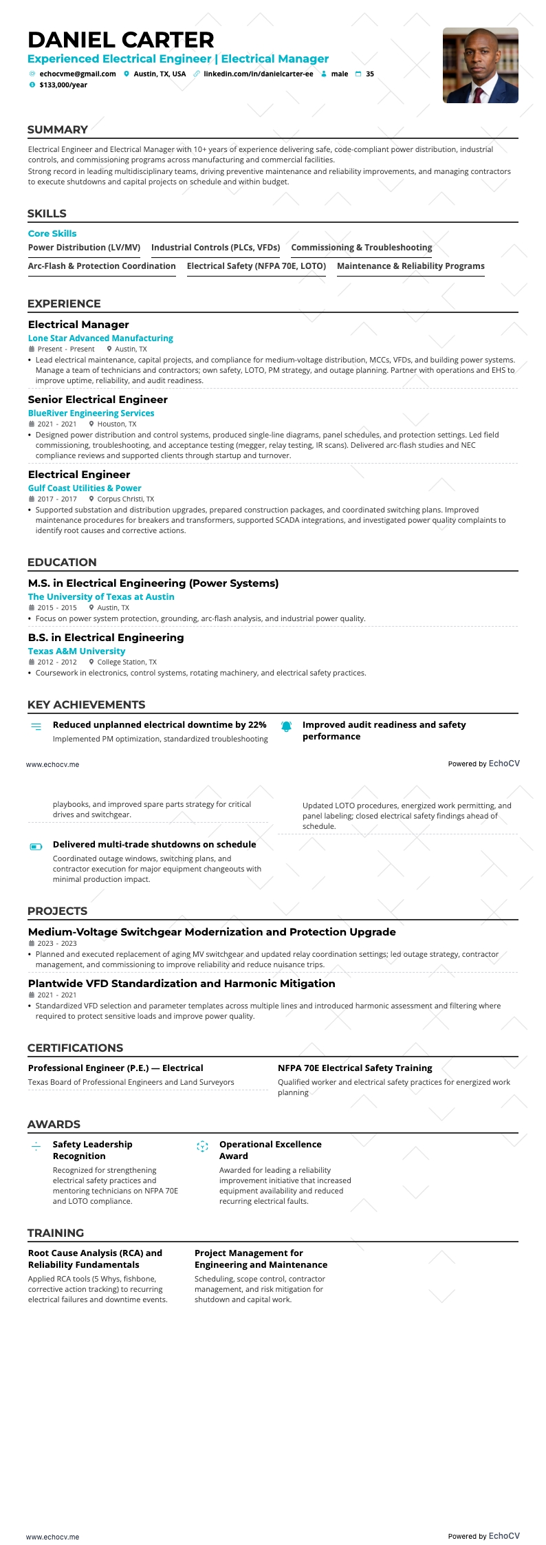 Manager elektrotechniek resume example