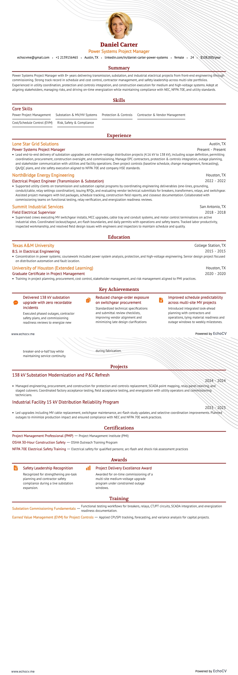Power Systems Project Manager example resume