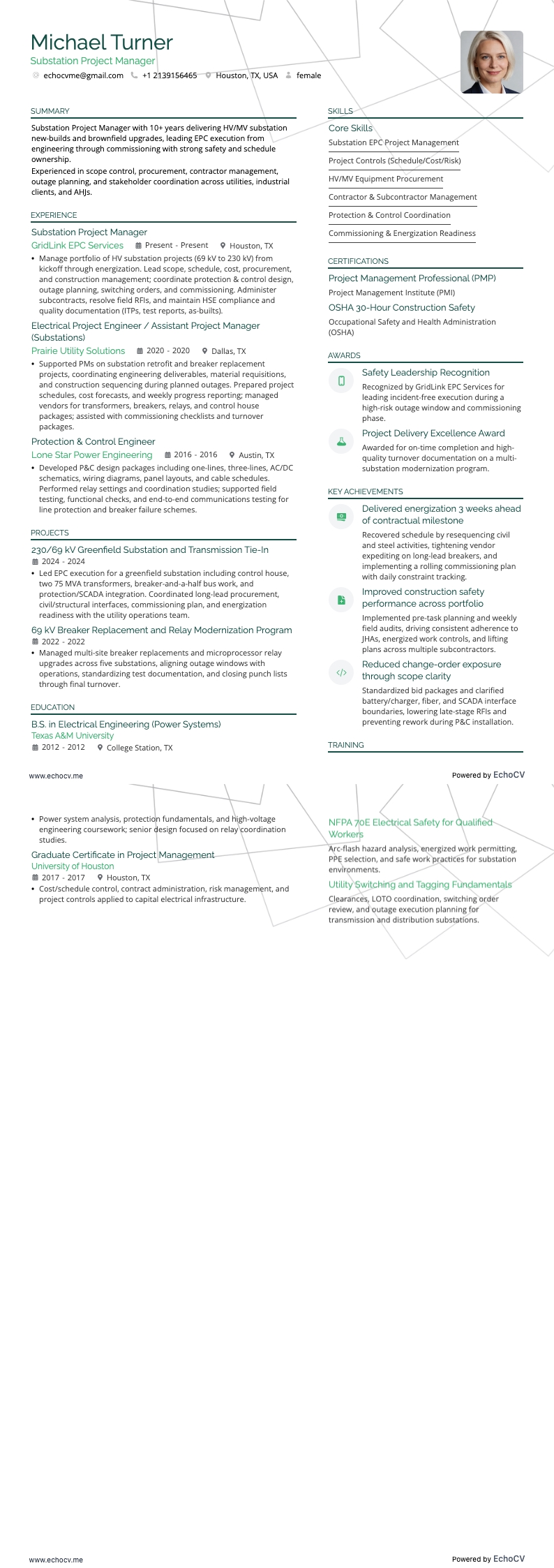 Gerente de projetos elétricos resume example