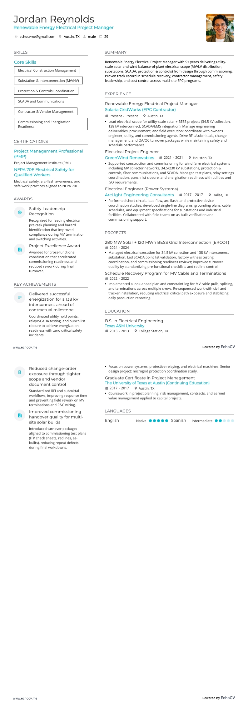 Renewable Energy Electrical Project Manager example resume