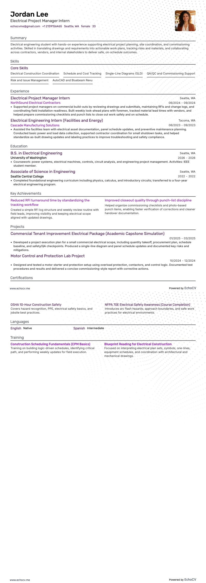 Electrical Project Manager Intern example resume