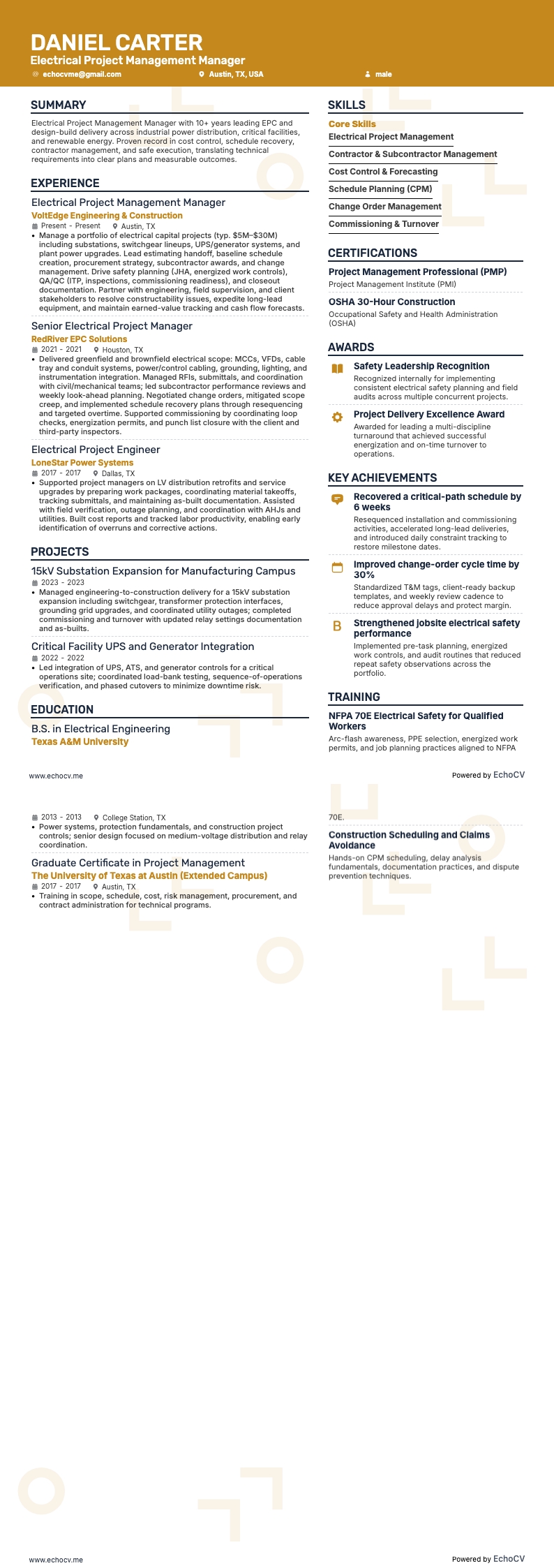 Projektleiter Elektrotechnik resume example