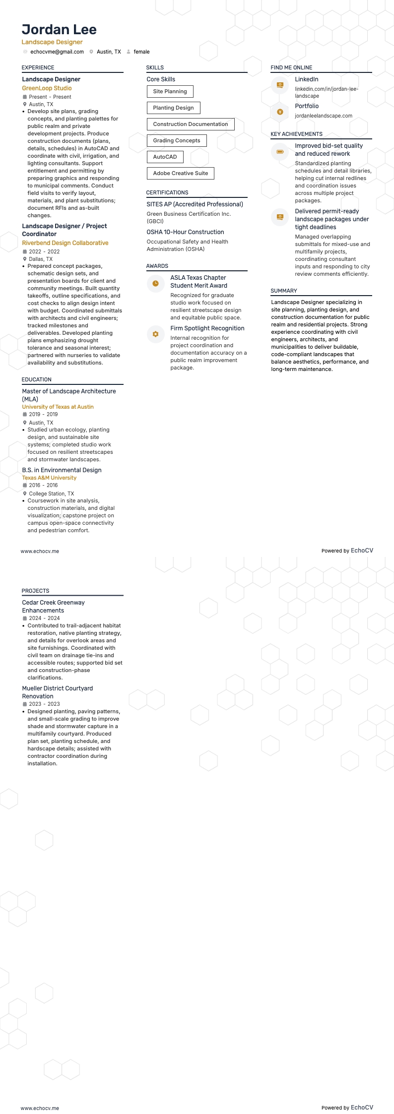 Architetto del paesaggio resume example