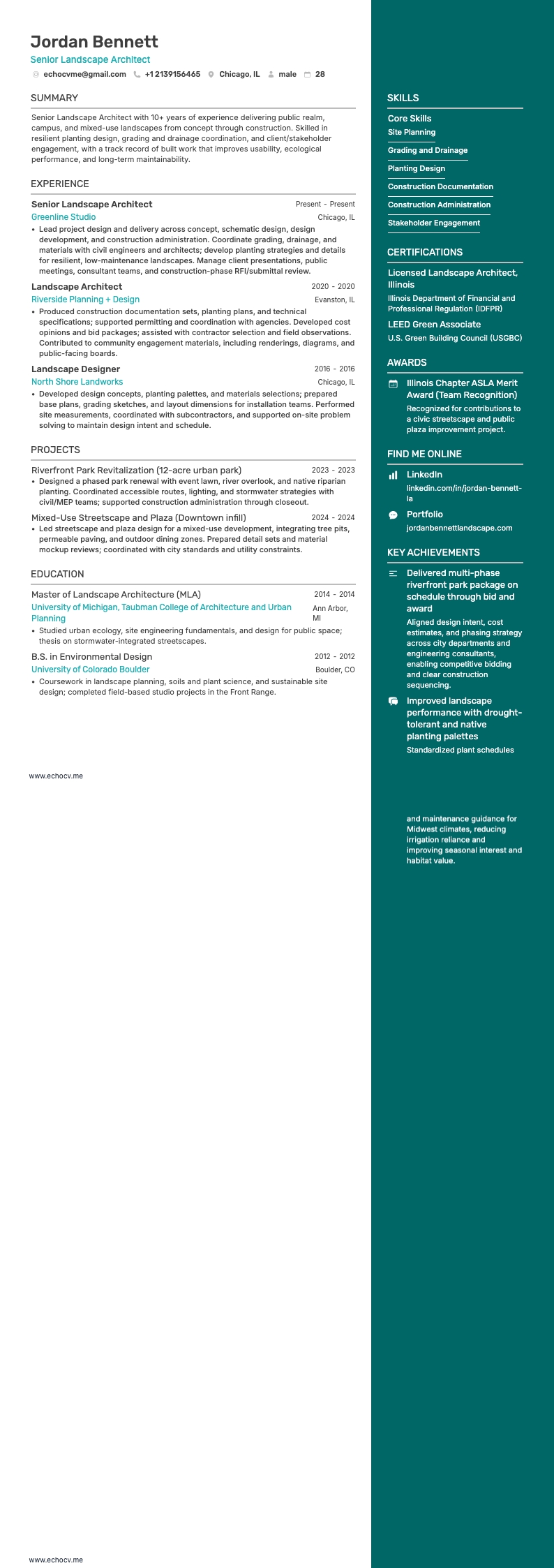 Architetto paesaggista senior example resume