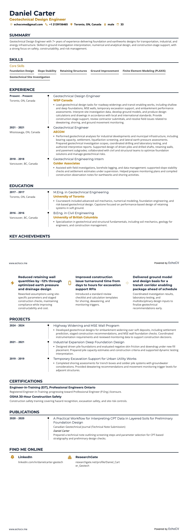 Ingeniero de diseño geotécnico example resume