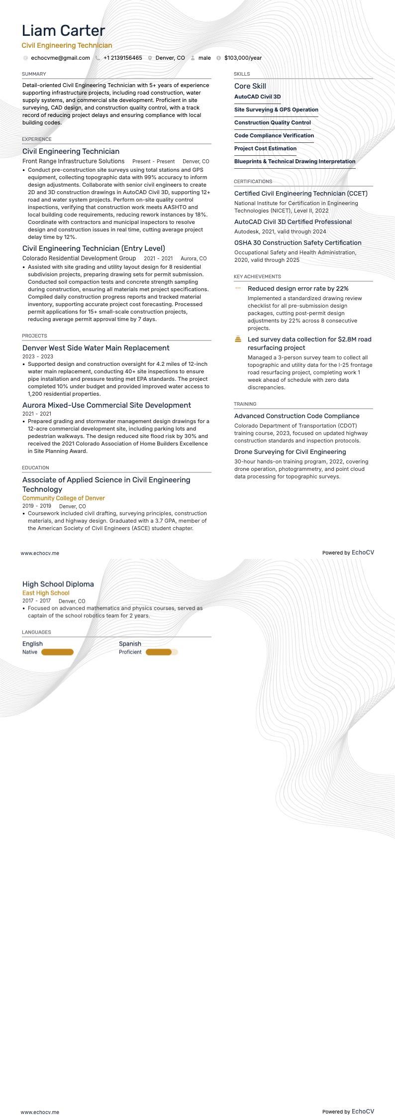 Técnico en ingeniería civil example resume