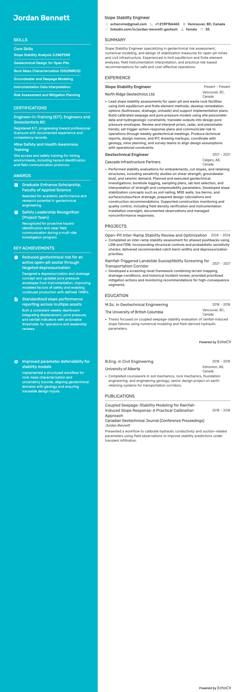 Ingeniero de estabilidad de taludes example resume