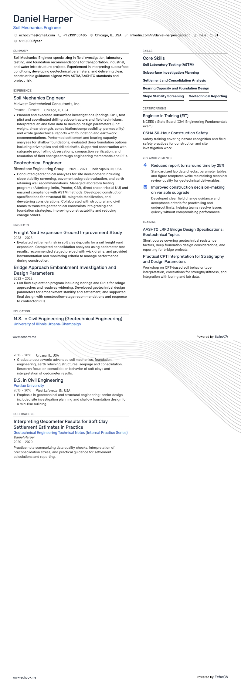 Ingeniero de mecánica de suelos example resume