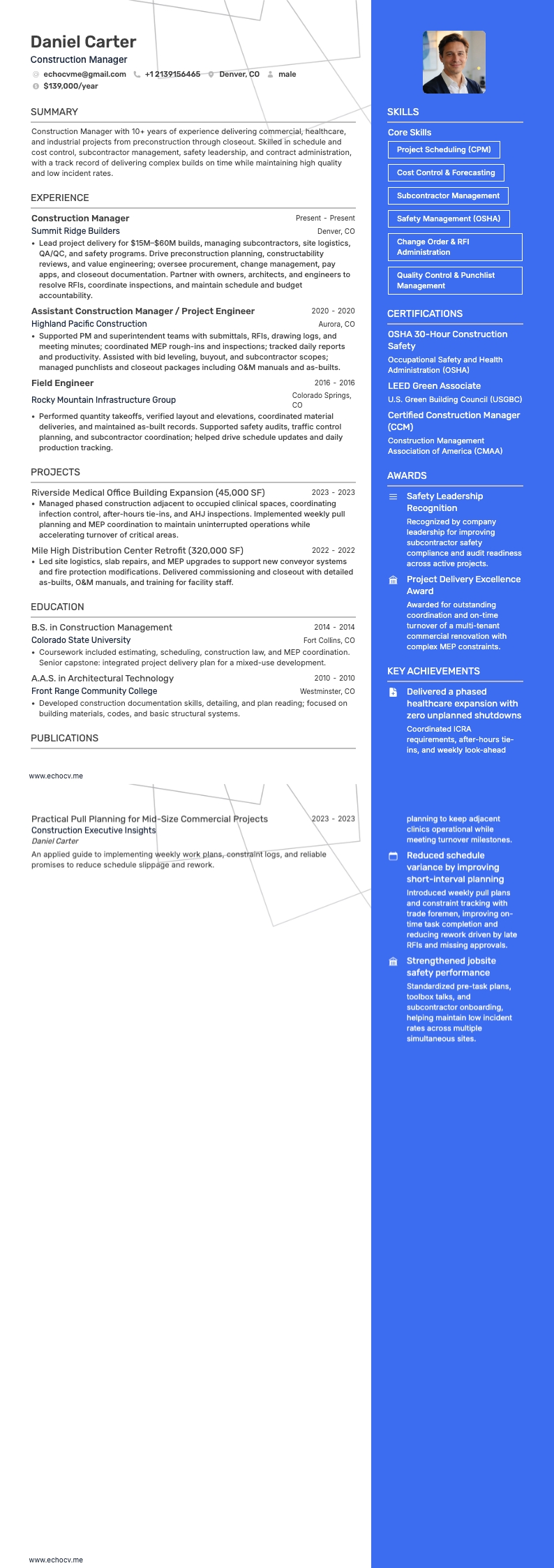 Construction Manager example resume