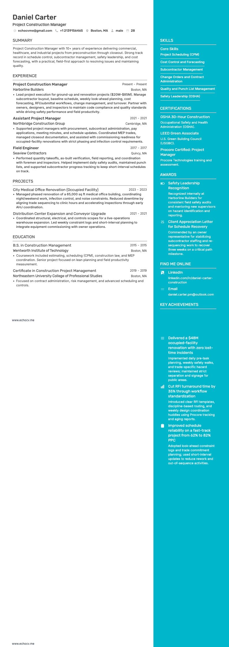 Project Construction Manager example resume