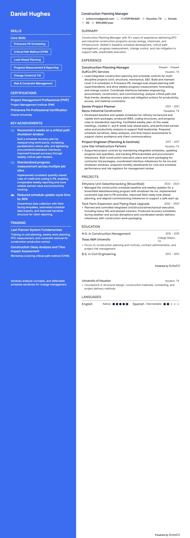 Construction Planning Manager example resume