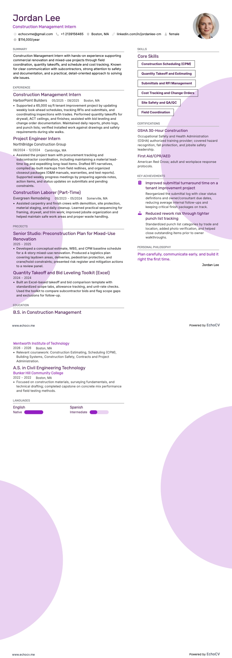 Construction Management Intern example resume