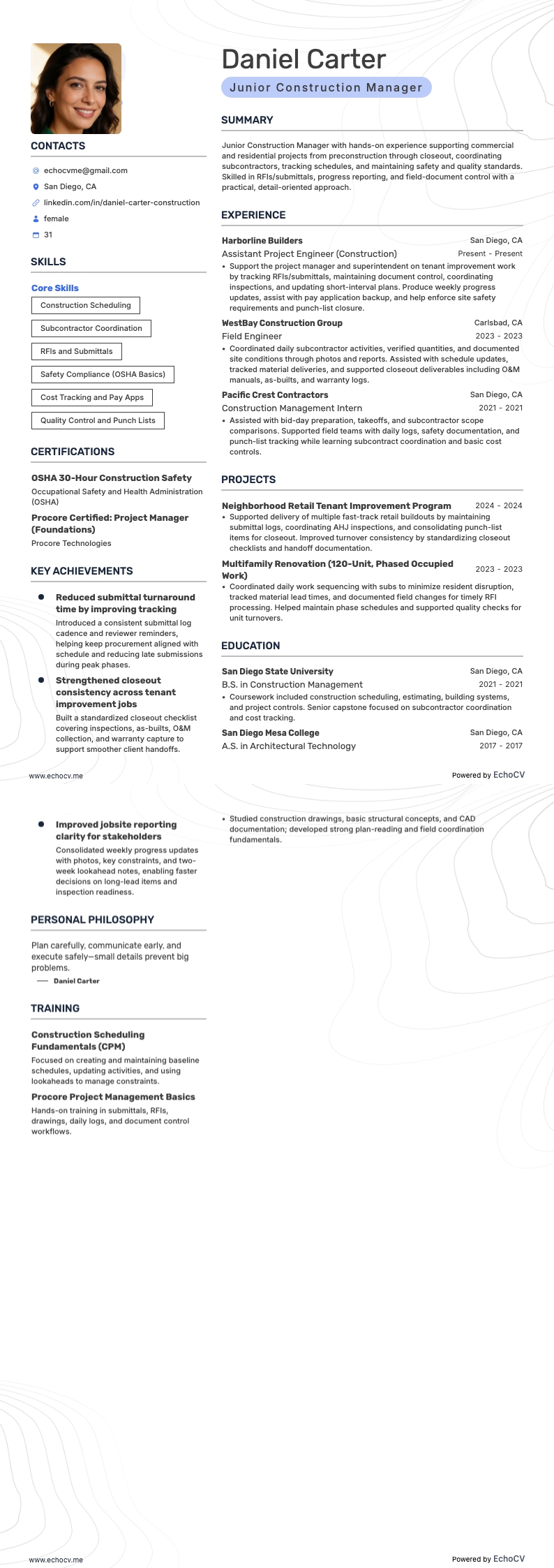 施工管理者 resume example