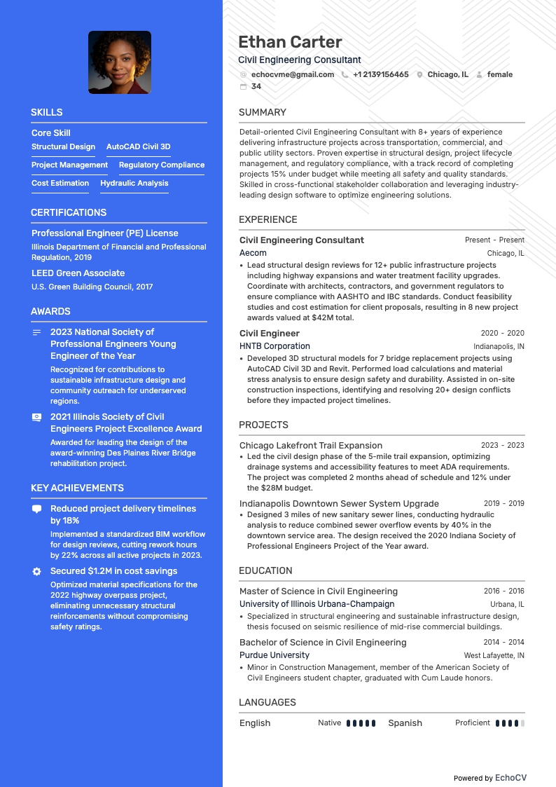 Consultor de ingeniería civil example resume