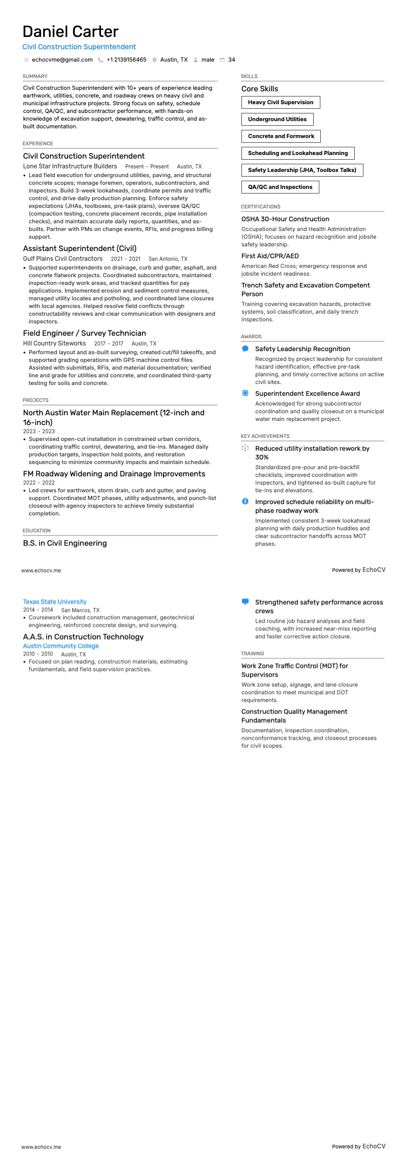 Superintendant en construction civile example resume