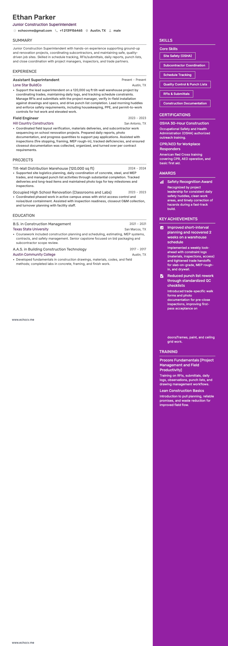 Direttore di cantiere resume example