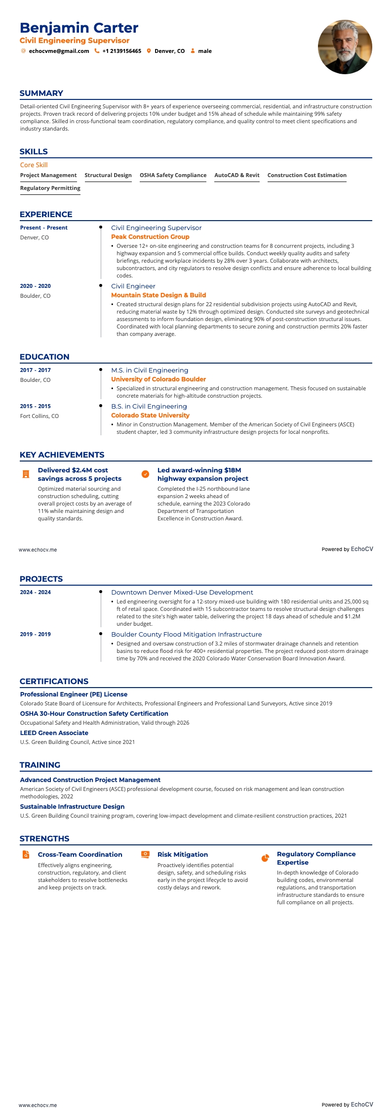 Supervisor de ingeniería civil example resume